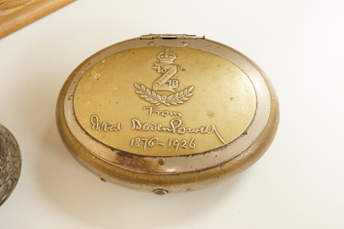 Two treen boxes, a cigarette box, a tortoiseshell box, a military tobacco box, a plated box and various decorative metal panels, CITES Submission reference, KPXPJXQU